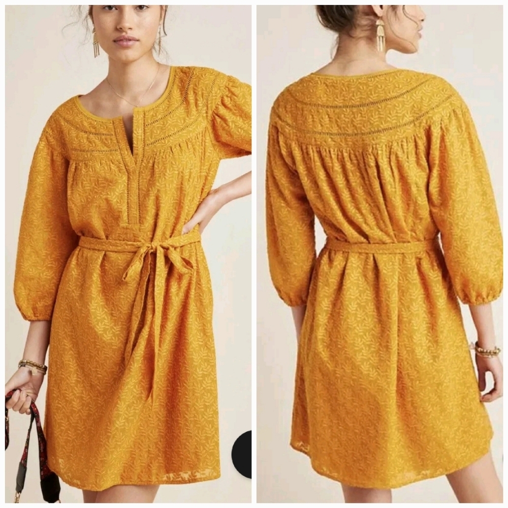 Embroided Gold Belted Tunic Travel Dress Summer Fall Work Dress Size M